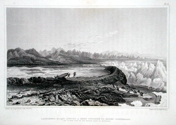 ジョン・フランクリン卿（1786-1847）の「Narrative of a Journey to the Shores of the Polar Sea in the Years 1819-22」から、コニベア山の反対側にある岩礁にボートを打ち上げる様子。 作： ジョージ（後）戻る