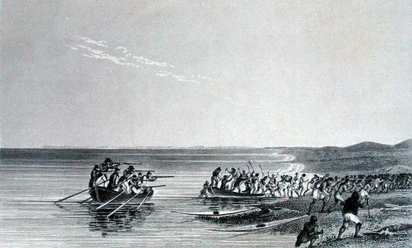 浮上するボート（ジョン・フランクリン卿（1786-1847）の「1825-27年の極海沿岸への第二次遠征の物語」より）エドワード・フィンデン（1791-1857）が1828年に出版した彫刻作品。 作： ジョージ（後）戻る