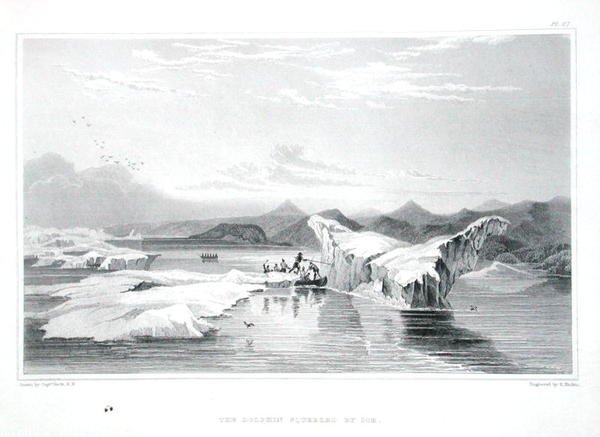 サー・ジョン・フランクリン（1786-1847）の「Narrative of a Journey to the Shores of the Polar Sea in the Years 1819-22」より、氷に押しつぶされたドルフィン（エドワード・フィンデン（1791-1857）が1823-28年に出版したカラーエングレーヴィング） 作： ジョージ（後）戻る
