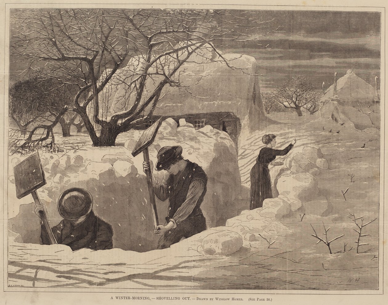 A Winter-Morning - Shoveling Out、1871 年発行。 作： ジョージA.エイブリー