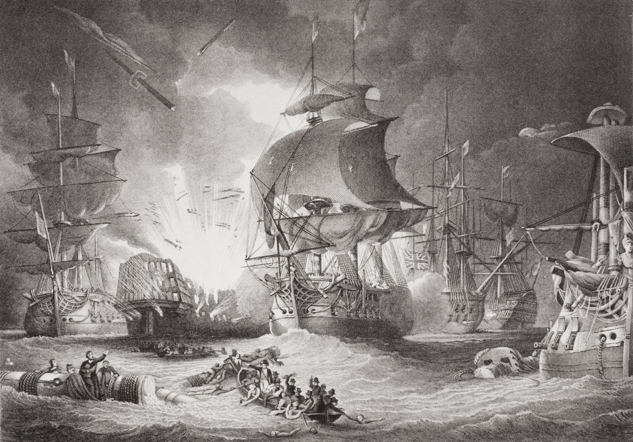 1798年8月1日の「英語とスコットランドの歴史の図解」第II巻からのナイルの戦い 作： ジョージ・アーナルド