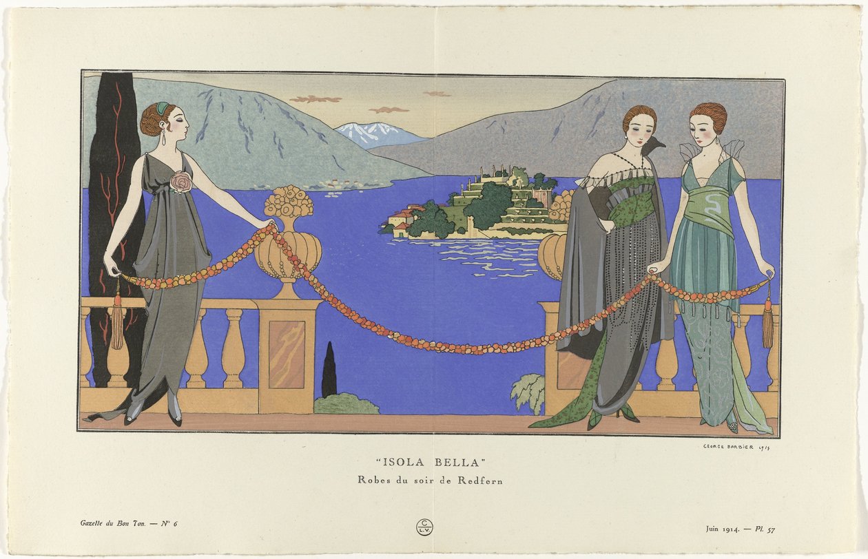 Gazette du Bon Ton, 1914 - No. 6, Pl. 57: Isola Bella/ Redfern のイブニング ドレス (オブジェクトのタイトル) 作： ジョージ・バーバー