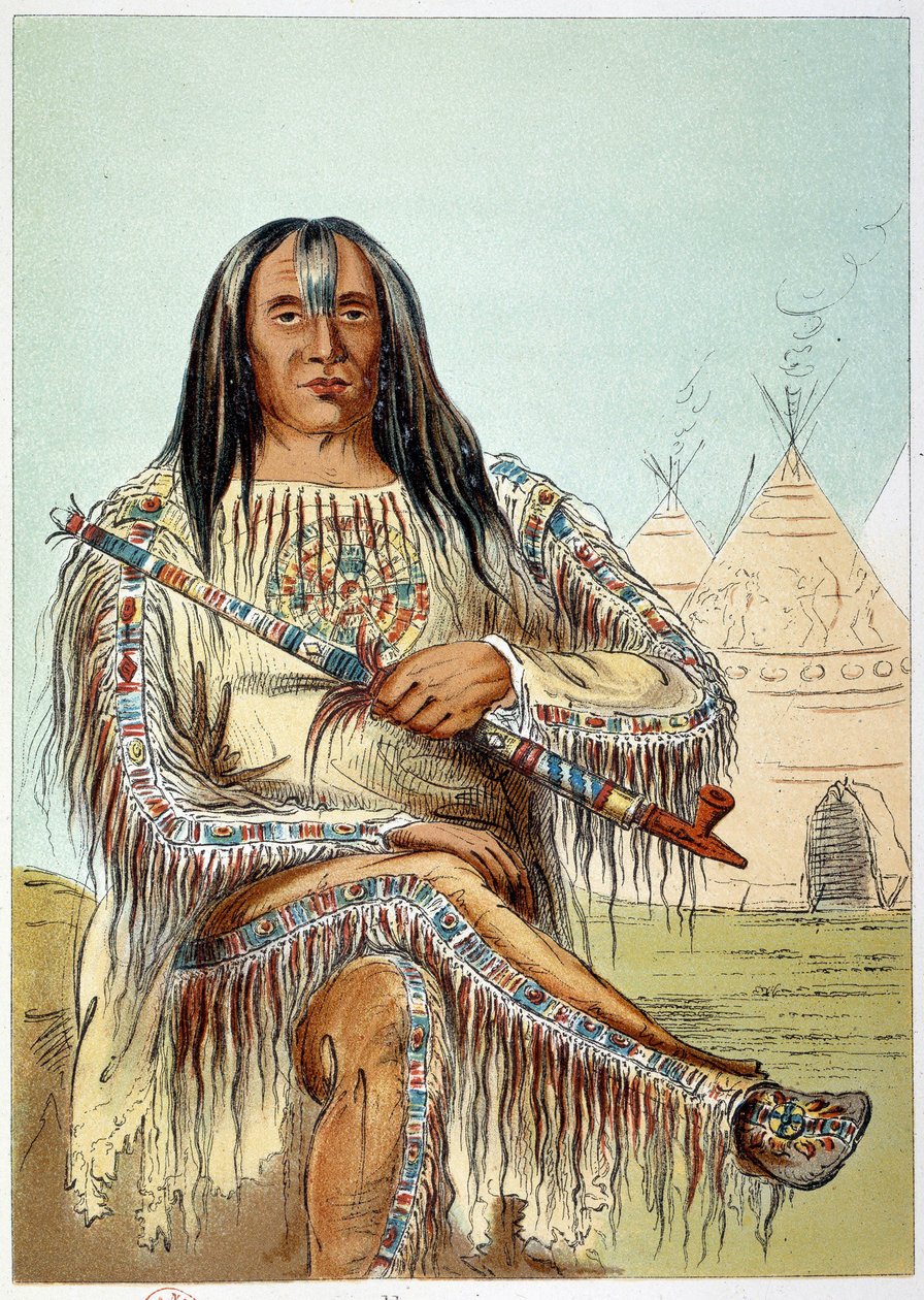 アメリカン・インディアンブラックフット族（黒い足）のリーダーの肖像 年齢約50歳。ジョージ・カトリン（1794-1872）によるイラスト 作： ジョージ・カトリン