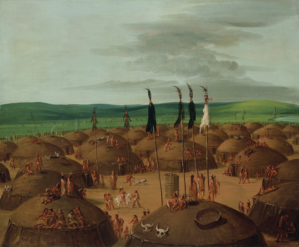 マンダン村の鳥瞰図、セントルイスから 1800 マイル上、1837 年から 1839 年。 作： ジョージ・カトリン