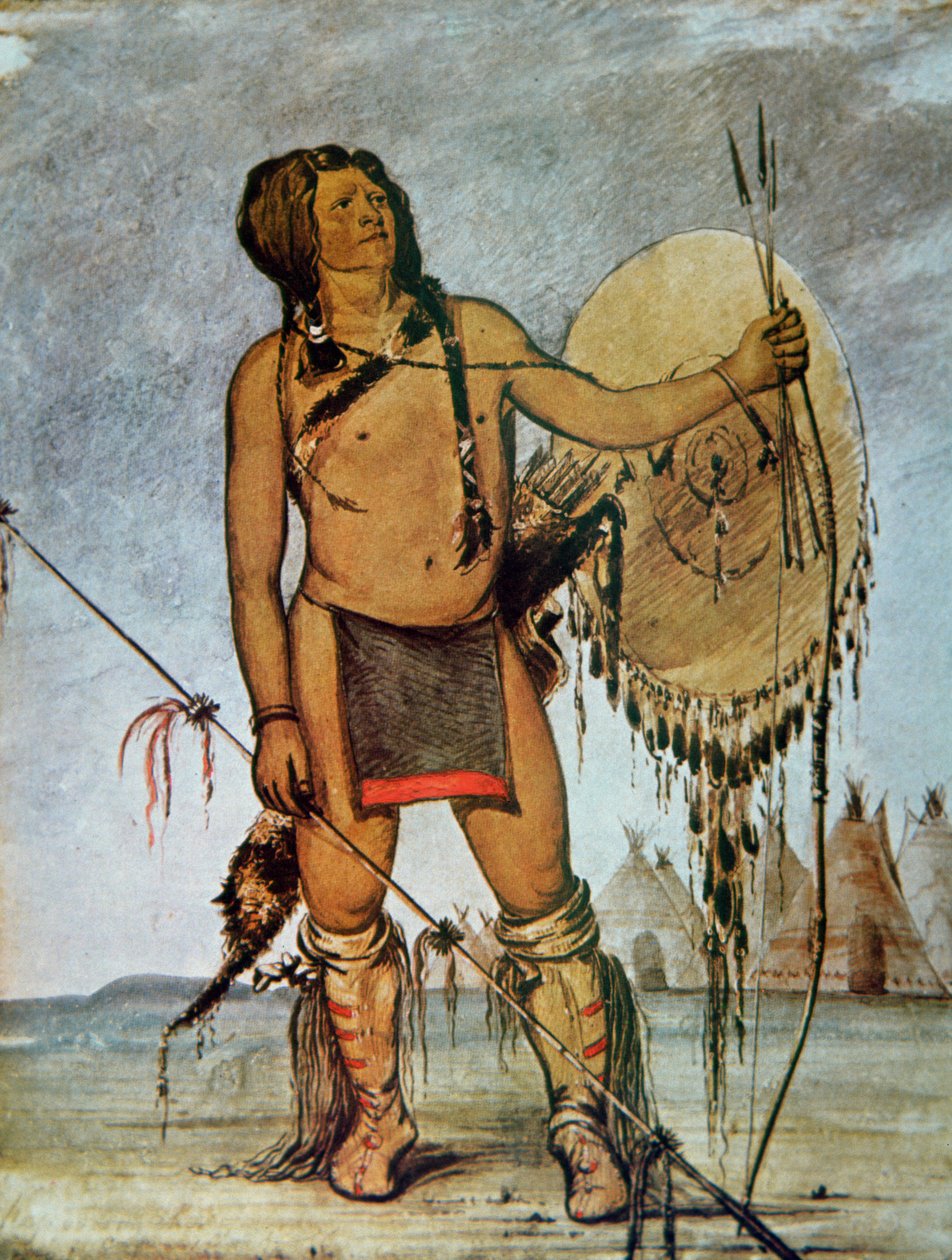 盾、槍、弓矢を持つコマンチ族の戦士、1835年頃（カラーリトグラフ 作： ジョージ・カトリン