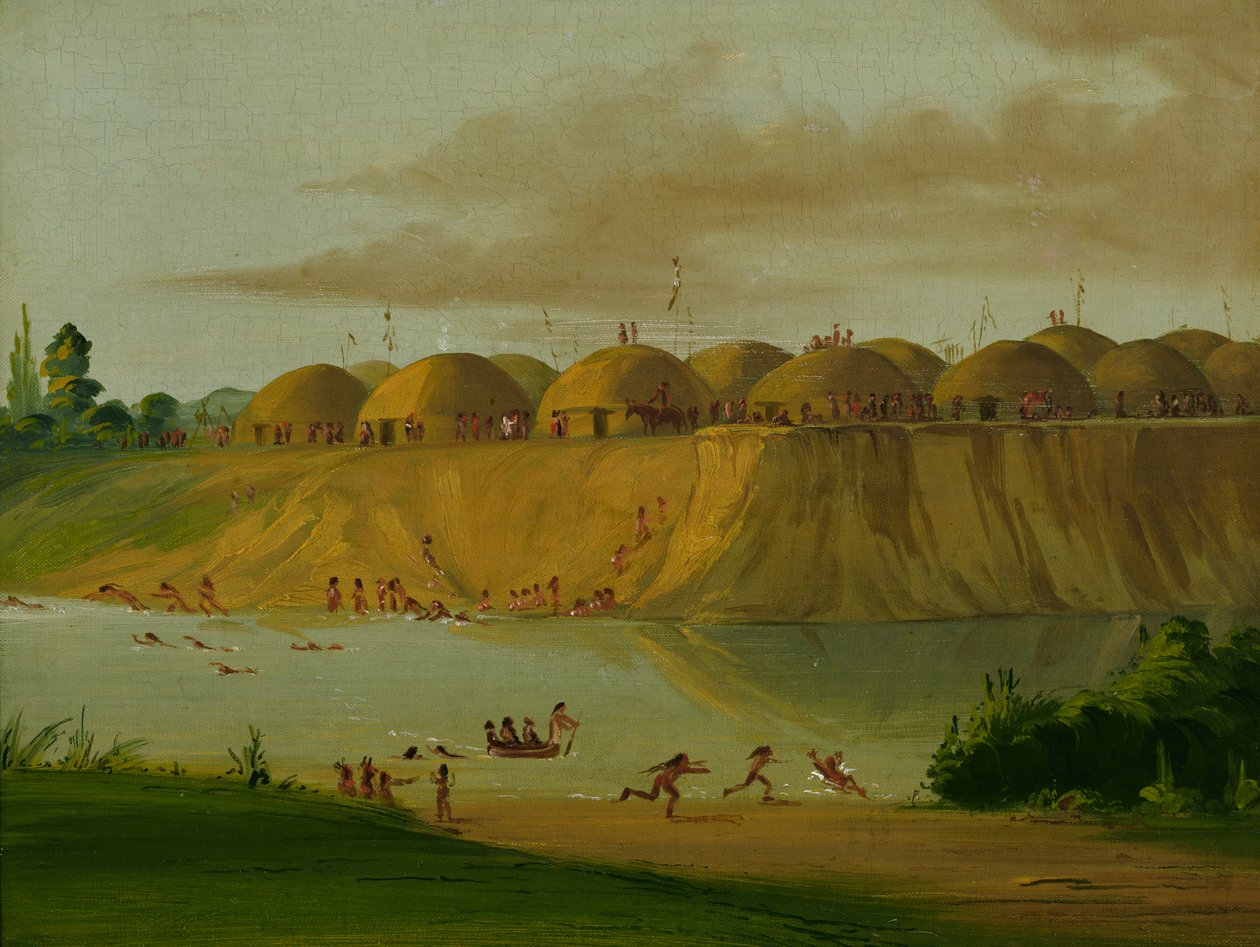 1832 年、セントルイスから 1810 マイル上、ナイフ川沿いの土に覆われたロッジ、ヒダーツァ ビレッジ。 作： ジョージ・カトリン