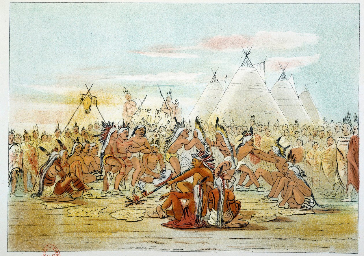 アメリカのインディアン。パイプダンスを踊るスー族に似たアッシニボイン族。ジョージ・カトリン（1794-1872）によるイラスト 作： ジョージ・カトリン