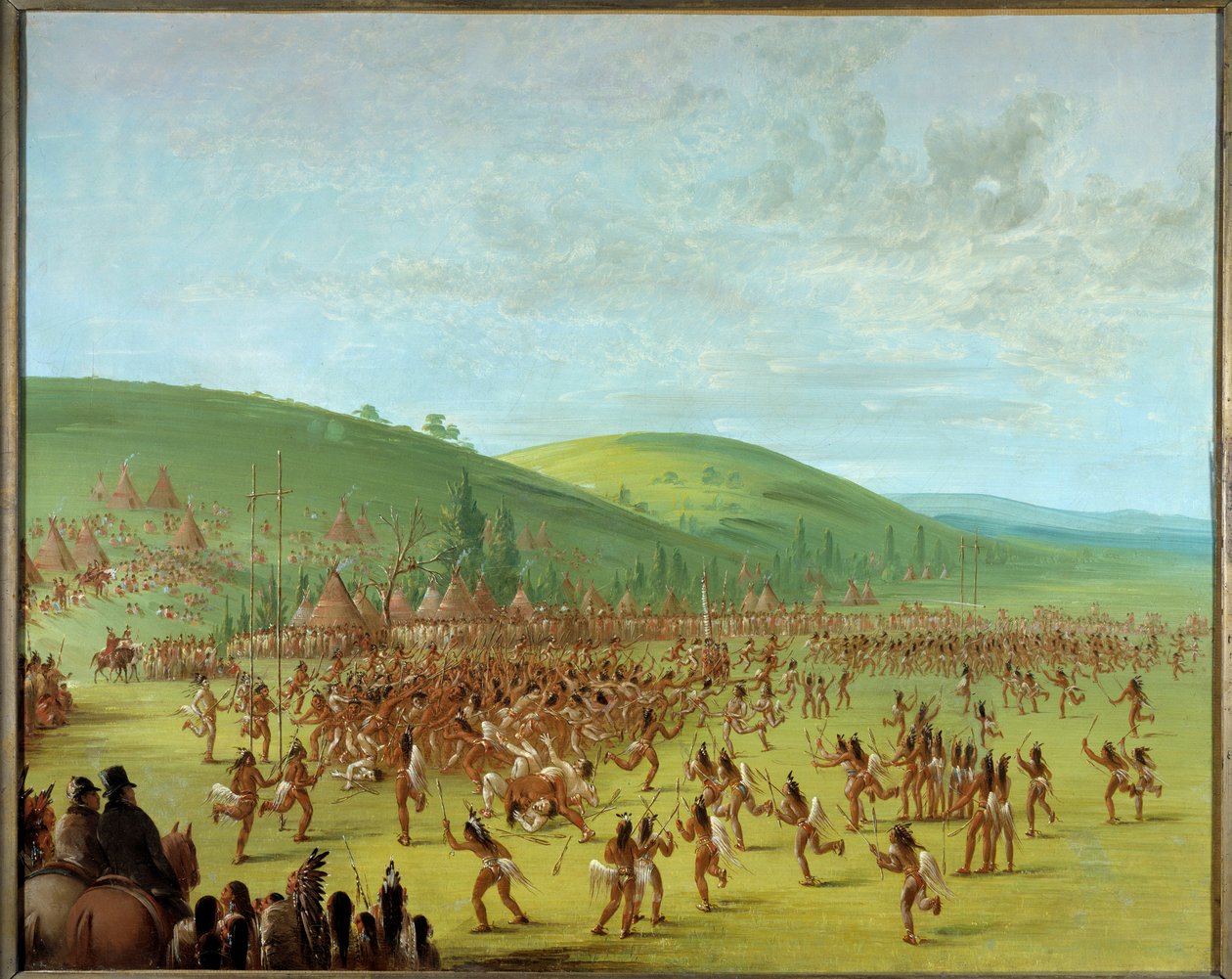 アメリカのインディアン：「インディアンの間でのボール遊び」 ジョージ・カトリン（1794-1872）の絵画 1835年 ブランクール、フランコ・アメリカン博物館 - アメリカ先住民のボール遊び。ジョージ・カトリン（1794-1872）の絵画 作： ジョージ・カトリン
