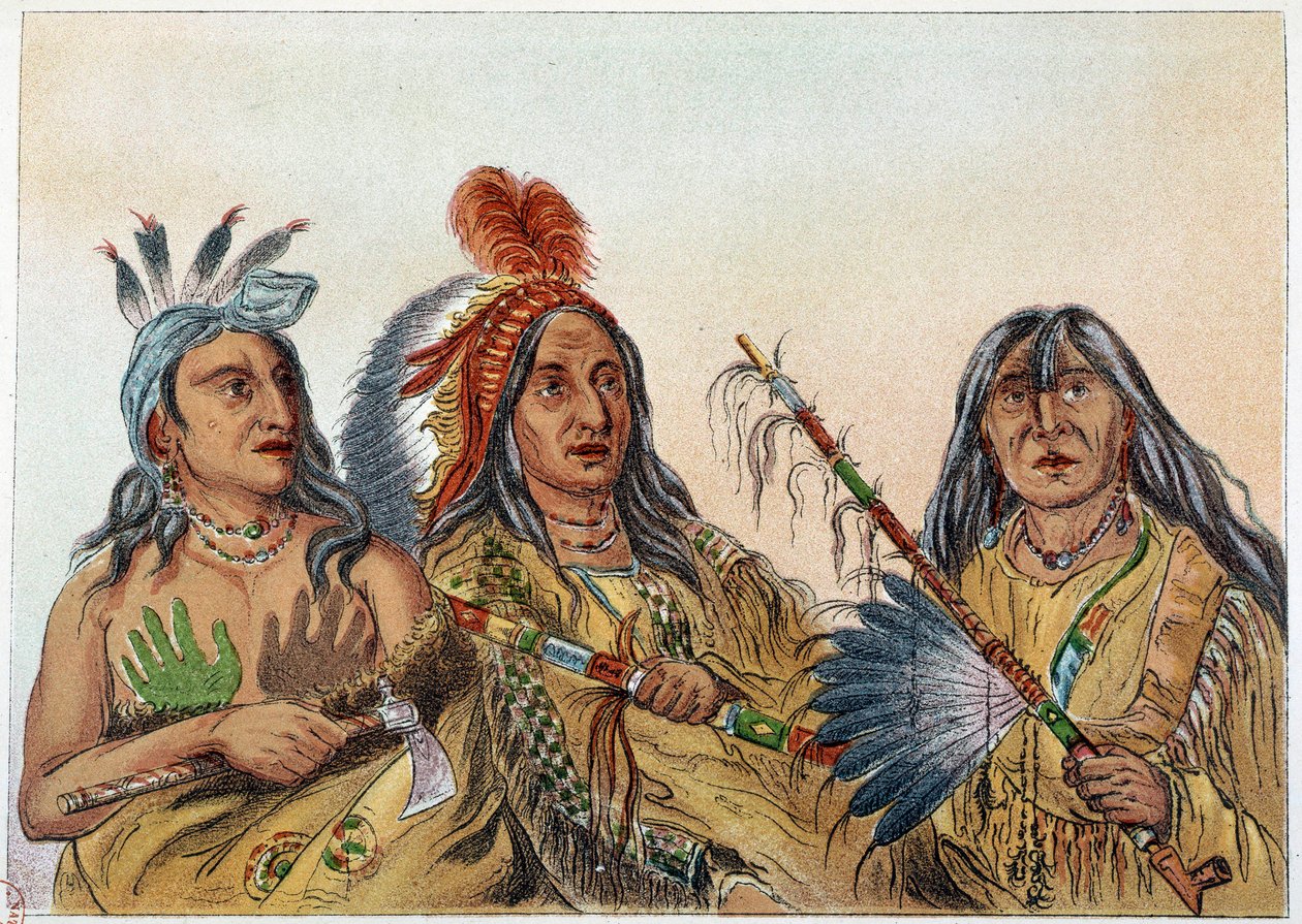 アメリカのインディアン。ライバル関係にあったスー族の酋長たちの肖像。ジョージ・カトリン（1794-1872）によるイラスト 作： ジョージ・カトリン