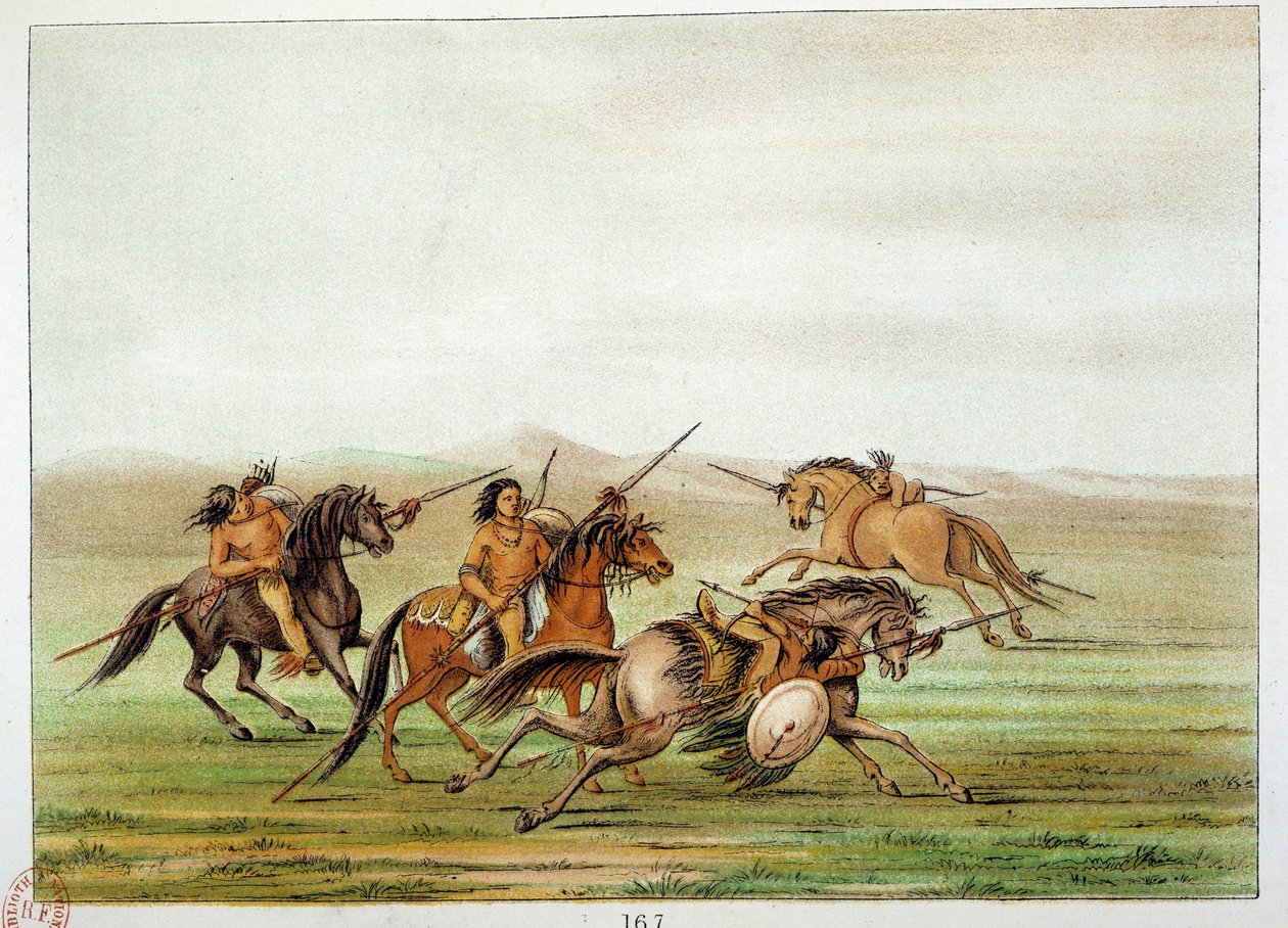アメリカのインディアン。馬に乗って訓練する戦士たちの指揮官。イラスト：ジョージ・カトリン（1794-1872