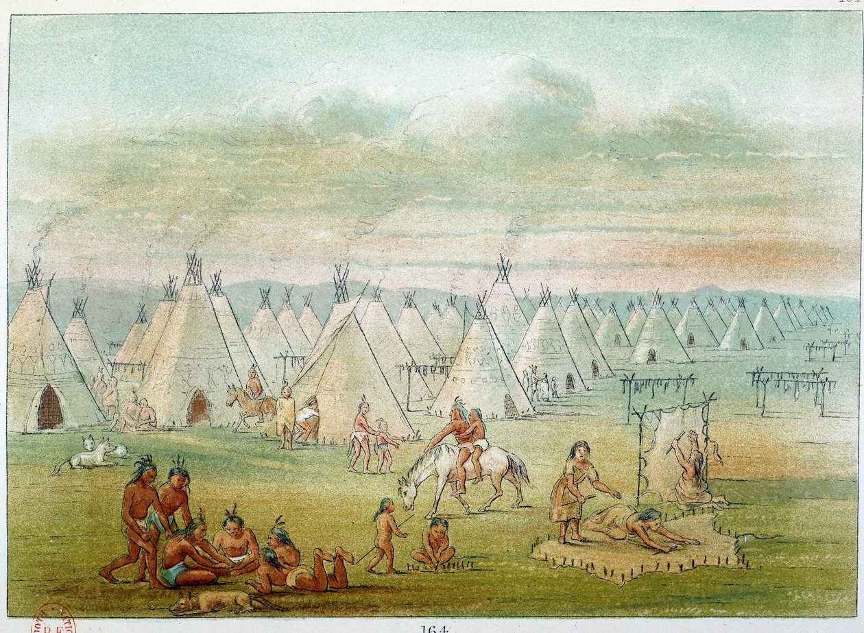 アメリカのインディアン：コマンチ村 テントはバイソンの皮で作られている。ジョージ・カトリン（1794-1872）のイラスト 作： ジョージ・カトリン