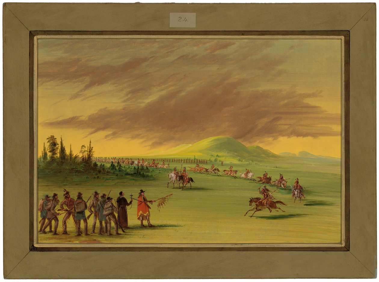 ラ・サールがテキサスの大草原でセニス族の戦隊と遭遇。1686年4月25日 作： ジョージ・カトリン