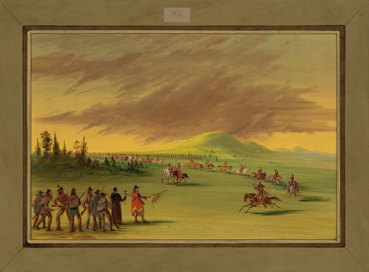 La Salleが1647年4月25日、テキサスのプレーリーでセニスインディアンの戦争党に会う 作： ジョージ・カトリン