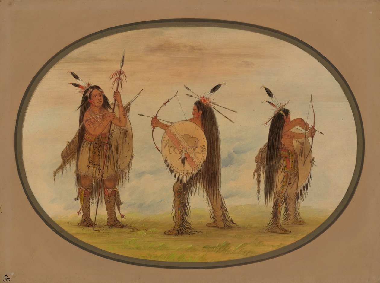 戦争のために武装した 3 人のマンダンの戦士、18611869。 作： ジョージ・カトリン