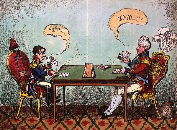 「クリベッジまたはボニーの最後のシャッフルのゲーム」ジョージ・クルックシャンク作、1814 年 6 月 6 日 (彫刻) 作： ジョージ・クルクシャンク