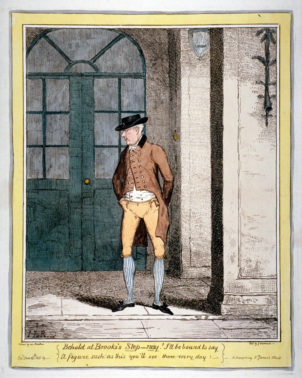 1815 年、ロンドンのブルックス クラブの外にいる男性 作： ジョージ・クルクシャンク