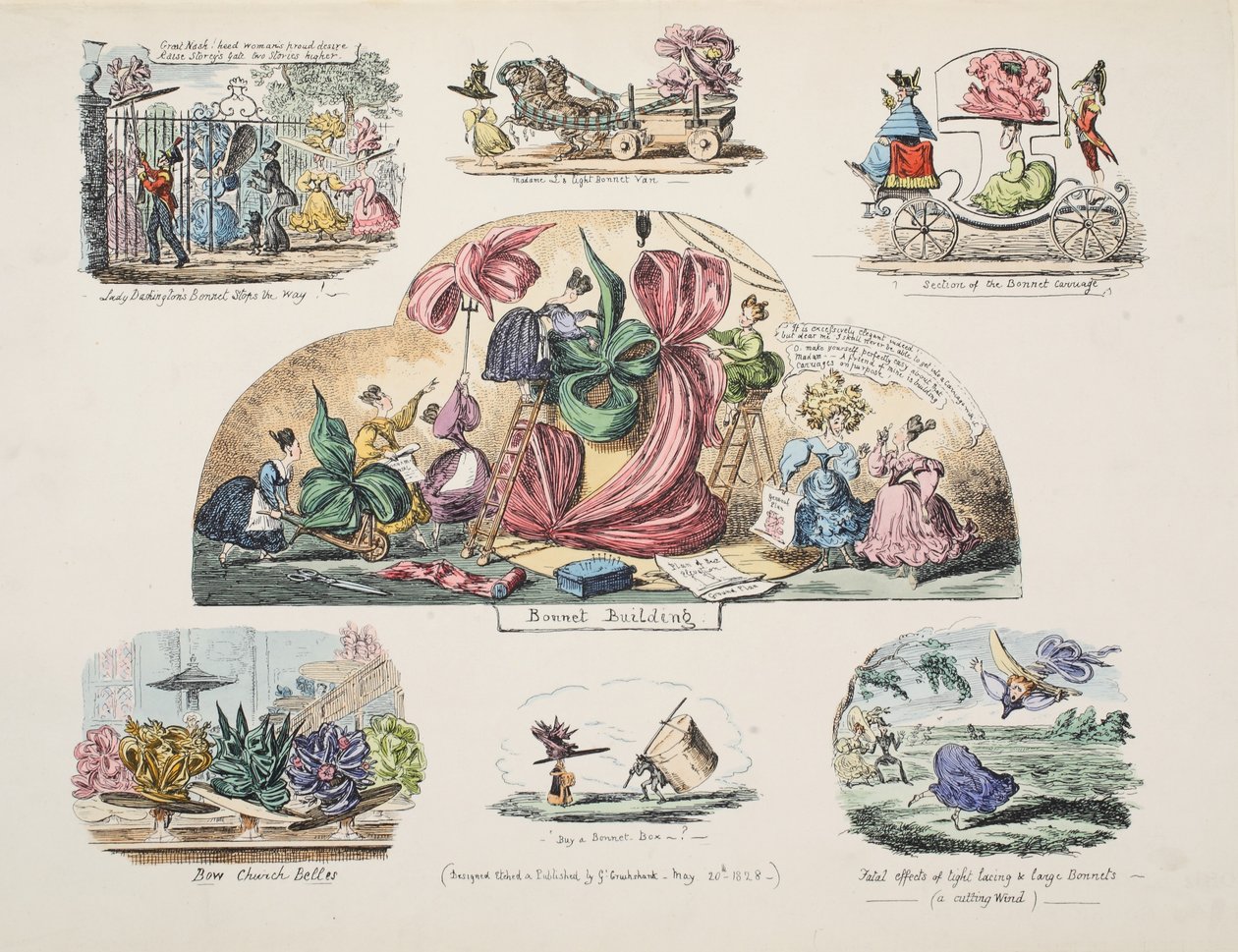 ボンネットビル、パブ。 1828（手書きの彫刻） 作： ジョージ・クルクシャンク