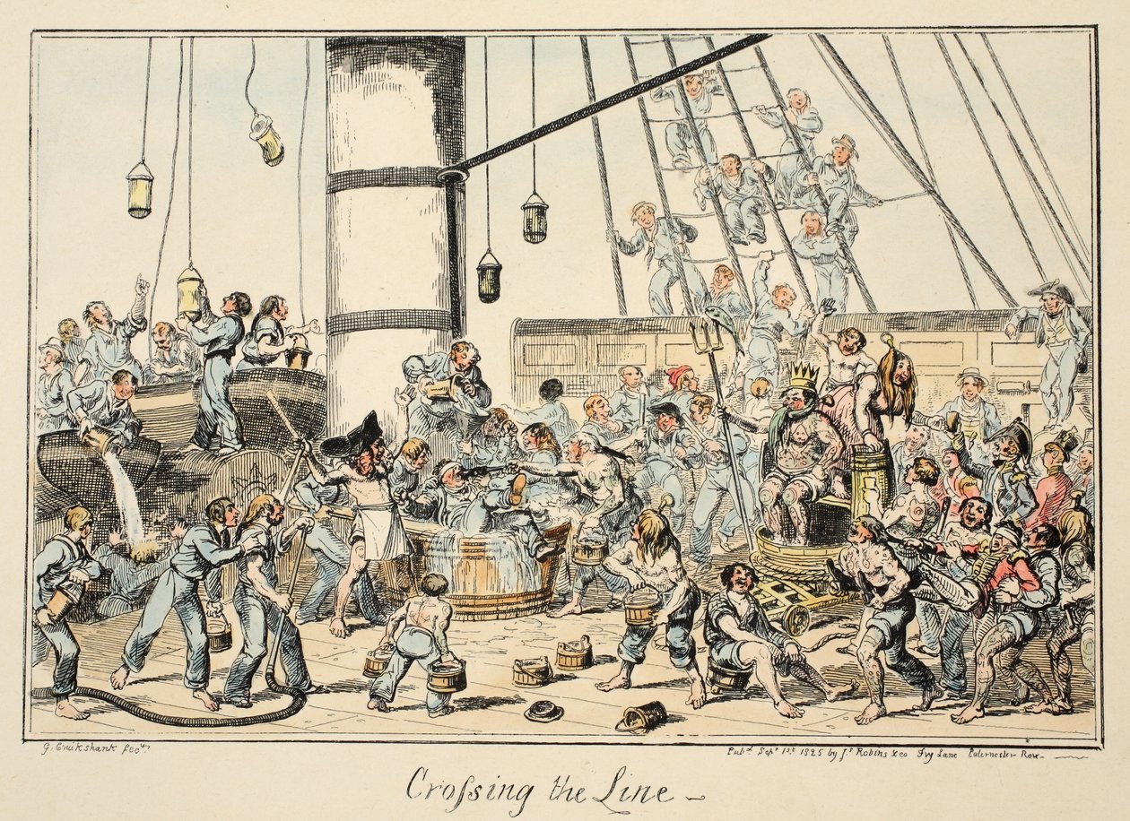 Crossing the Line、グリニッジ病院、海軍のスケッチのシリーズ、戦士の男の生活を説明するパブ。 1825年（手描きの彫刻） 作： ジョージ・クルクシャンク