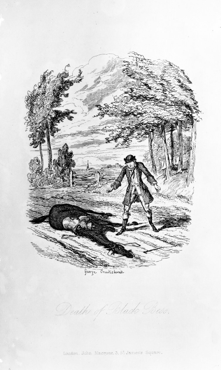 黒ベスの死、ウィリアムハリソンエインズワースの「Rookwood」のイラスト、1836年公開 作： ジョージ・クルクシャンク