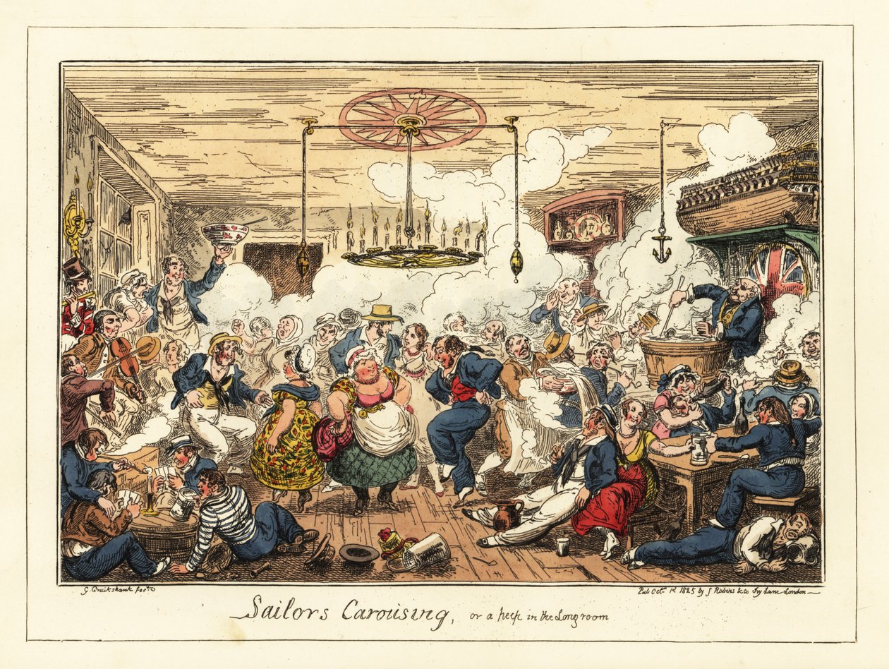 パブで飲んだり踊ったりする英国の船員、ナポレオン時代、1829年（リトグラフ） 作： ジョージ・クルクシャンク