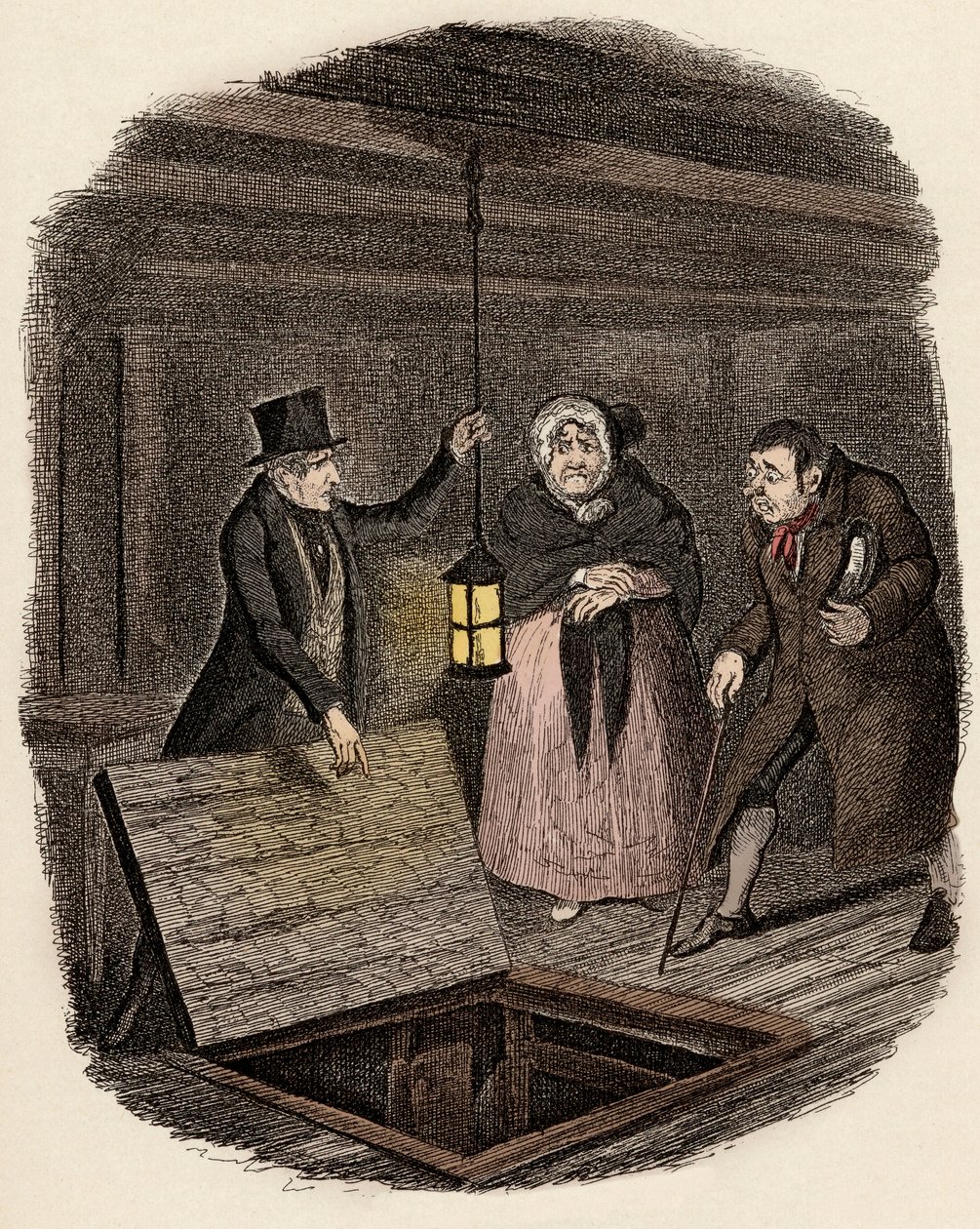 In Anwesenheit von Monsieur Bumble und Madame Corney zerstört Monks das Medaillon von Oliver Twist - Illustration für „Oliver Twist“ von Charles Dickens, von George Cruikshank von George Cruikshank