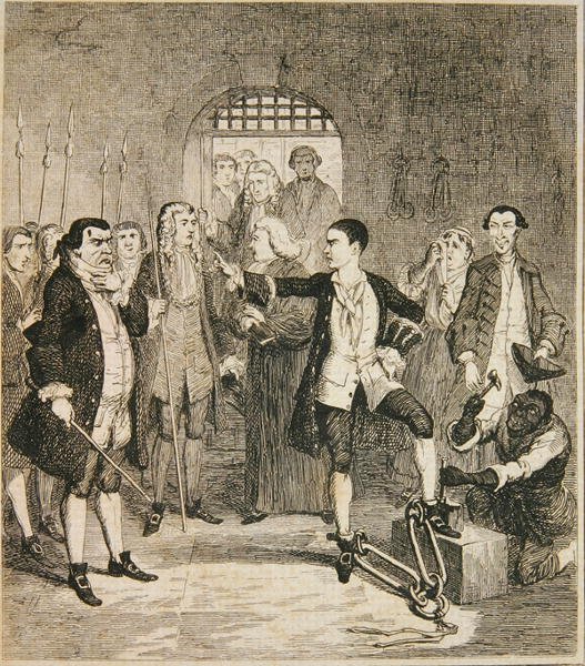 ニューゲートのストーン・ホールでジャック・シェパードの鉄板が外されている。1839年に出版されたウィリアム・ハリソン・エインズワースの「Jack Sheppard: A Romance」の挿絵（エッチング）。 作： ジョージ・クルクシャンク