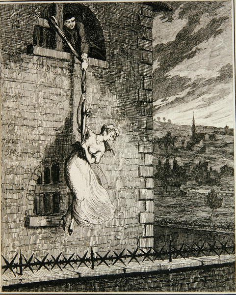 妻のエリザベス・ライオンとともにニューゲート病棟から脱出するジャック。1839年に出版されたウィリアム・ハリソン・エインズワースの「Jack Sheppard: A Romance」の挿絵（エッチング）。 作： ジョージ・クルクシャンク