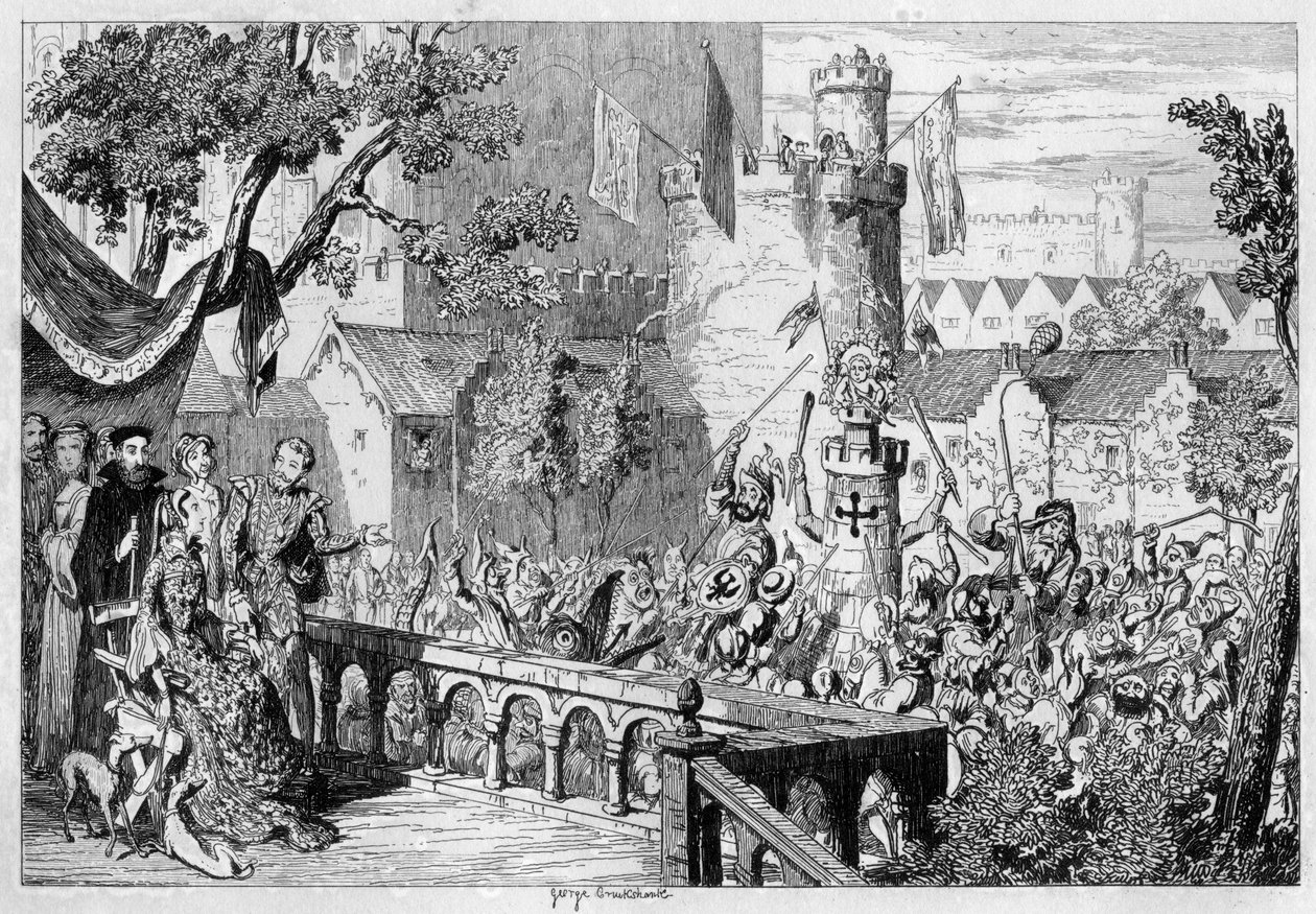 1840年、ロンドン塔の宮殿の庭園に仮面を描いた。 作： ジョージ・クルクシャンク