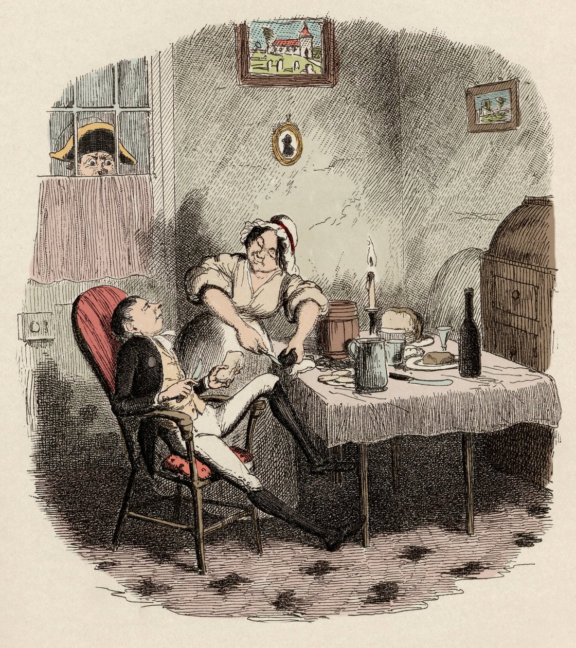 Monsieur Bumble observes Noe Claypole and Charlotte - Mr Claypole as he appeared when his master is out - イラストレーション for "Oliver Twist" (Olivier) (The Adventures of Oliver Twist) by Charles Dickens (1812-1870), by George Cruikshank (1792-1878) . 作： ジョージ・クルクシャンク