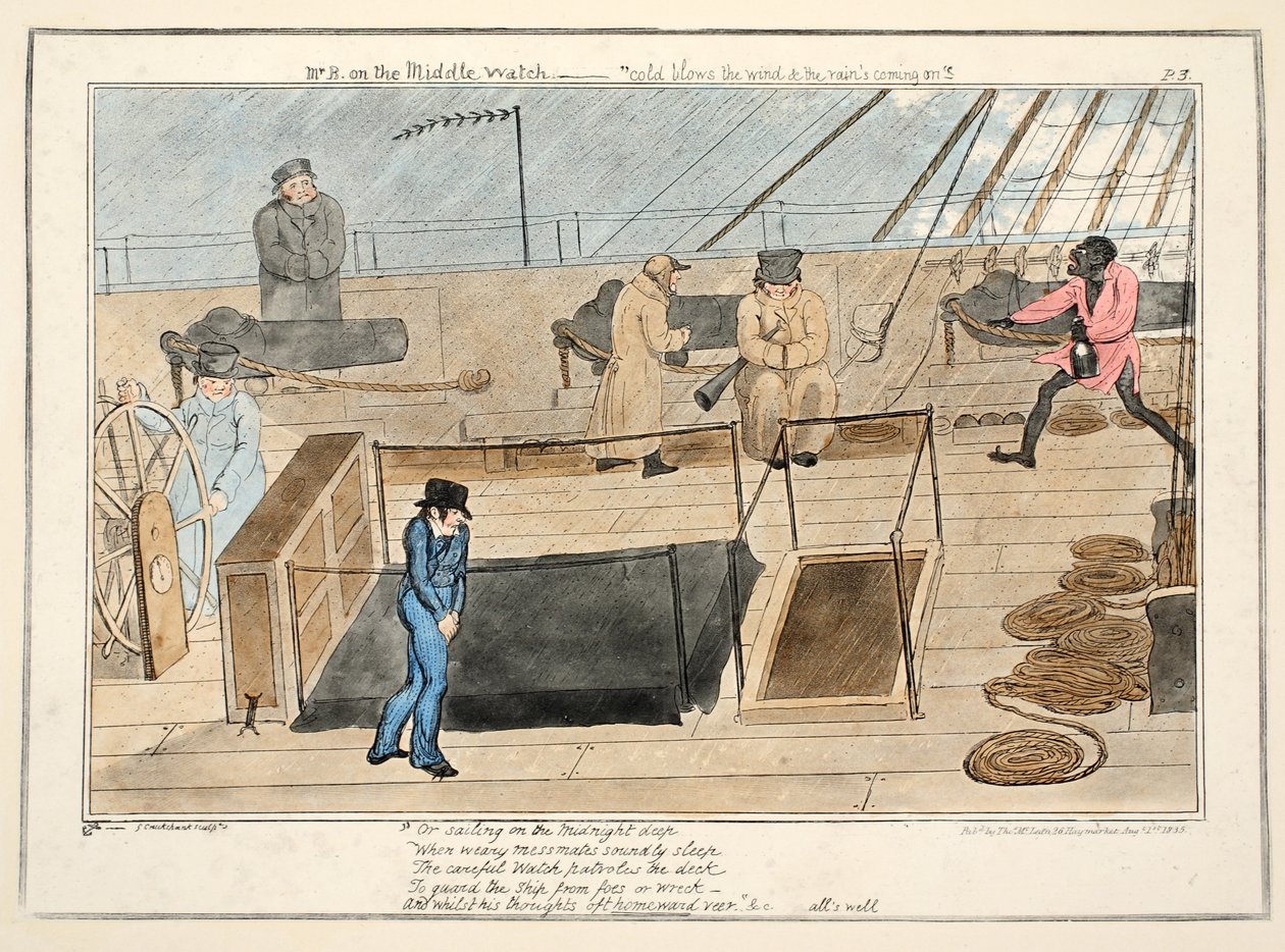 真ん中の時計のB氏-ミッドシップマンの進歩、pub.1835（手描きの彫刻）から、風と雨が降り注ぐ風邪 作： ジョージ・クルクシャンク