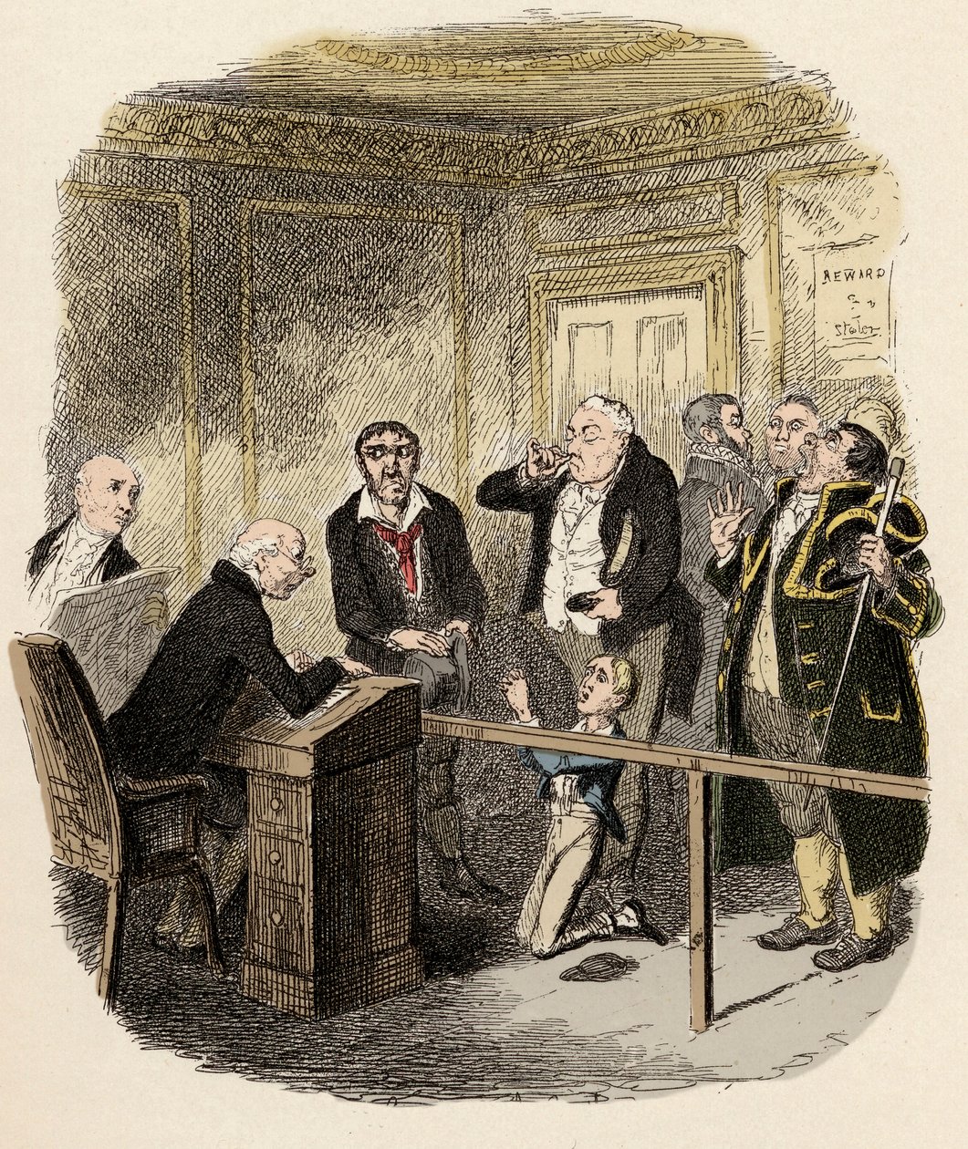 オリバーは、煙突のガムフィールドでの見習いをさせないように、児童裁判長に嘆願した - オリバーは、掃除屋に見習いとして拘束されるのを免れた - チャールズ・ディケンズ「オリバー・ツイスト」（Oliver）（「オリバー・ツイストの冒険」）（1812-1870）の挿絵。 作： ジョージ・クルクシャンク