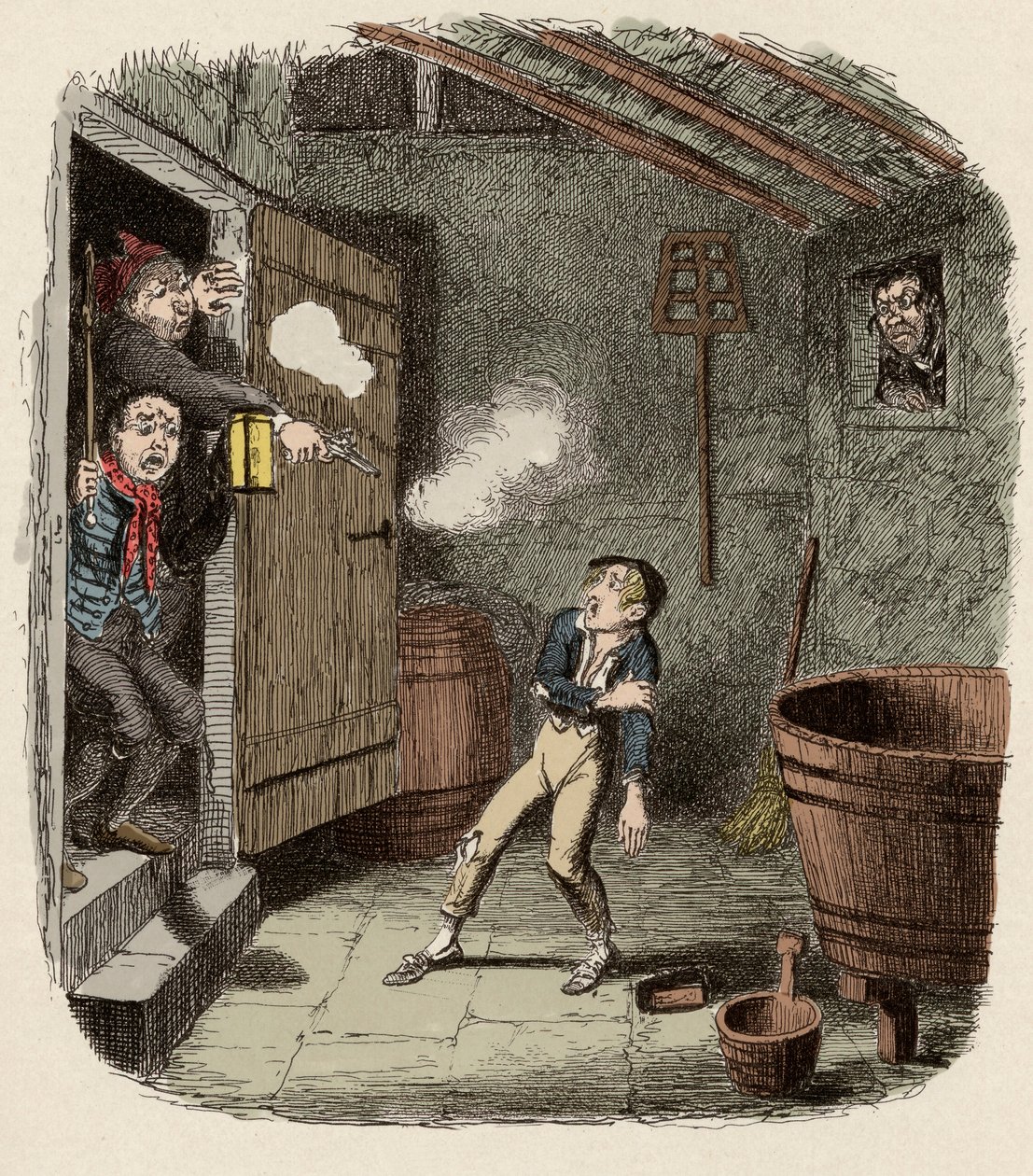 オリバーは強盗未遂で驚き、負傷した - The Burglary - チャールズ・ディケンズ（1812-1870）の「オリバー・ツイスト」（Olivier）（「オリバー・ツイストの冒険」）の挿絵、ジョージ・クルイックシャンク（1792-1878）によるものです。 作： ジョージ・クルクシャンク