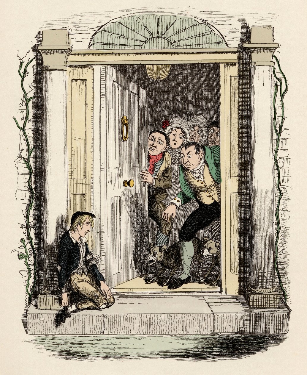 Oliver verwundet und erschöpft bittet um Hilfe - Illustration für „Oliver Twist“ von Charles Dickens (1812-1870) von George Cruikshank
