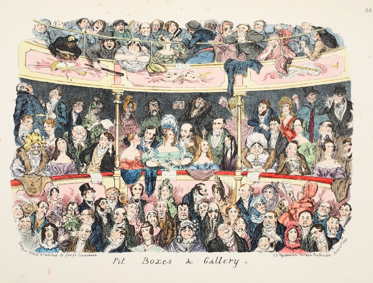 ピットボックスとギャラリー、パブ。 1836年（手描きの彫刻） 作： ジョージ・クルクシャンク