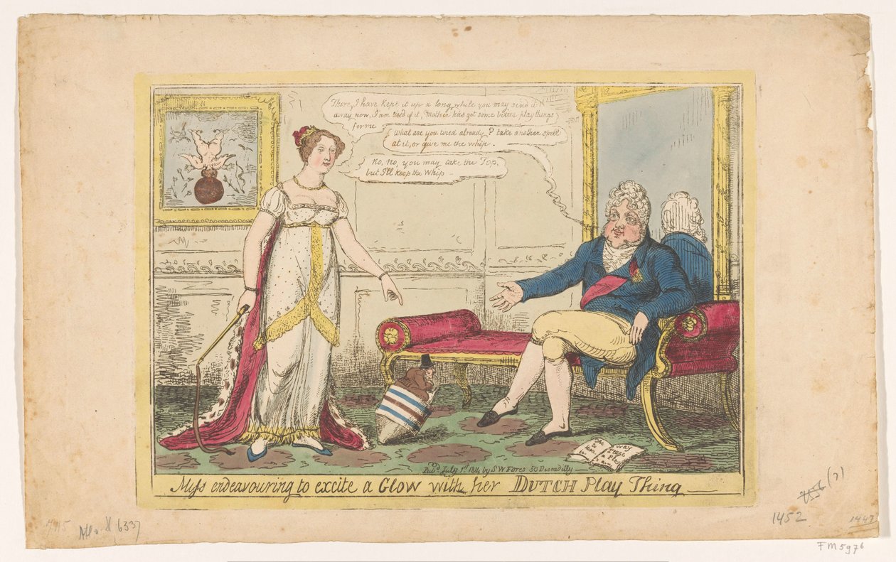 1814年、オランダのこまで遊ぶシャーロット王女 彼女のダッチプレイシングでグローを興奮させようとするミス（オブジェクトのタイトル） 作： ジョージ・クルクシャンク