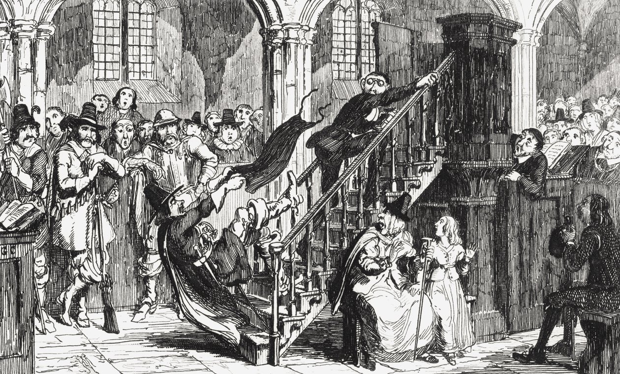 サービス中のホールデノー牧師、サーウォルタースコット（1771-1832）による「ウッドストック」のイラスト1845年発行 作： ジョージ・クルクシャンク