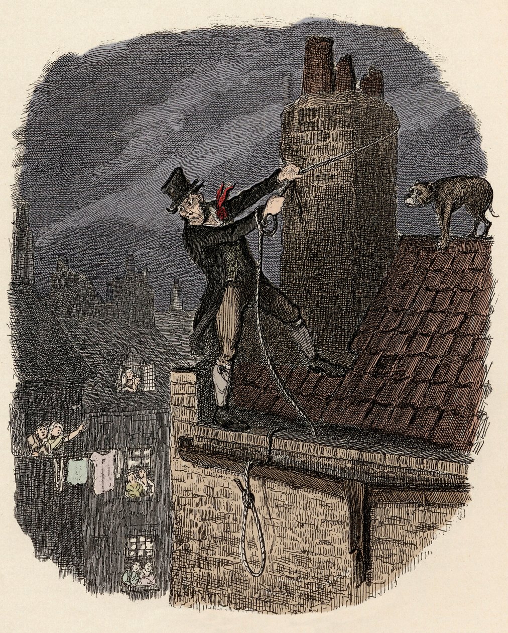 犬に追われて逃げようとするサイクス - 最後のチャンス - チャールズ・ディケンズ（1812-1870）の『オリバー・ツイスト』（『オリバー・ツイストの冒険』）の挿絵、ジョージ・クルイックシャンク（1792-1878）によるもの。 作： ジョージ・クルクシャンク