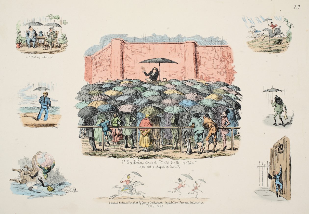 St Swithuns Chapel冷浴場、パブ。 1833（手描きの彫刻） 作： ジョージ・クルクシャンク