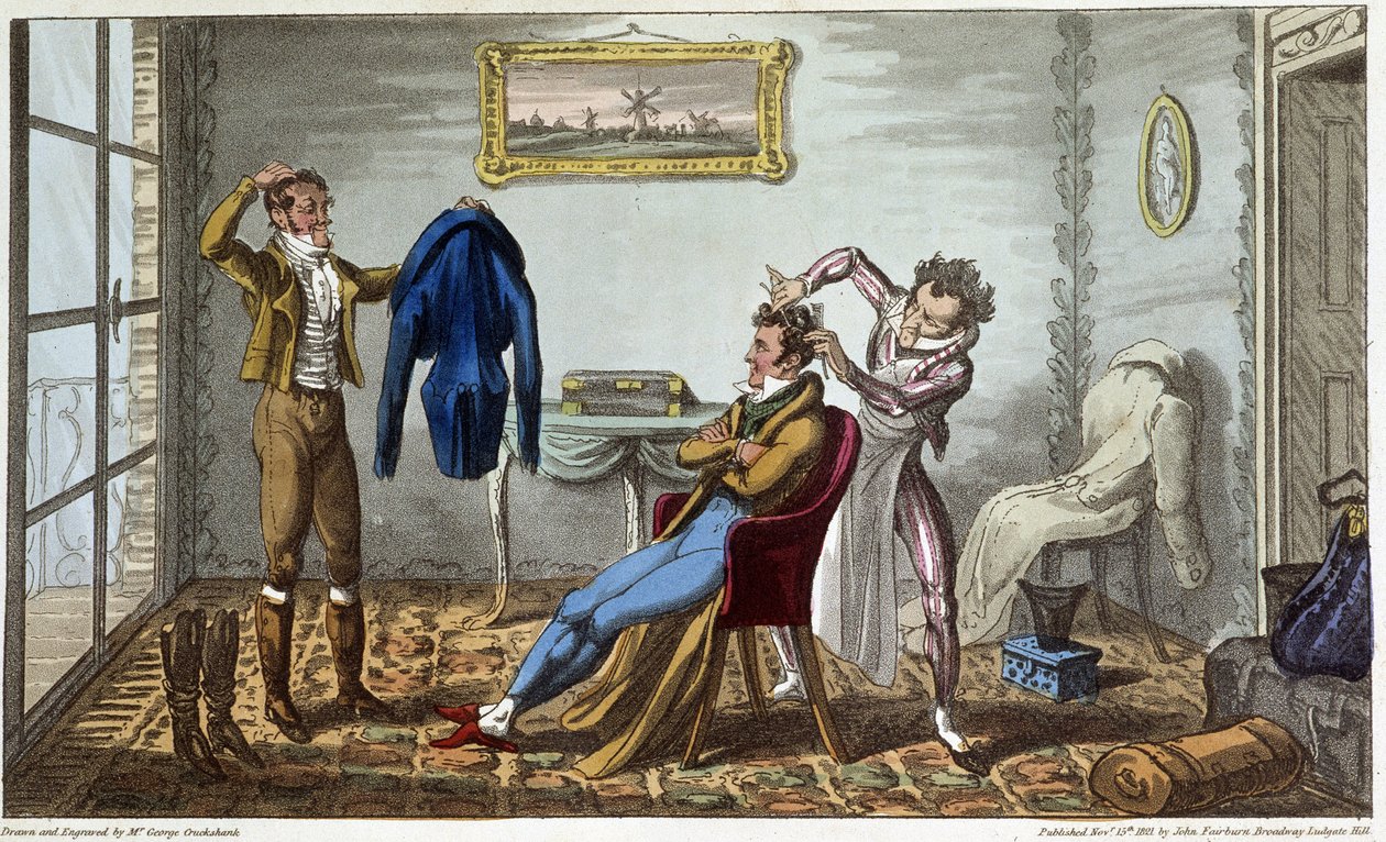 Tailleur et coiffeur à domicile - David Carey著「Life in Paris」（George Cruikshank編）に掲載されています。フェアバーン、ロンドン 作： ジョージ・クルクシャンク
