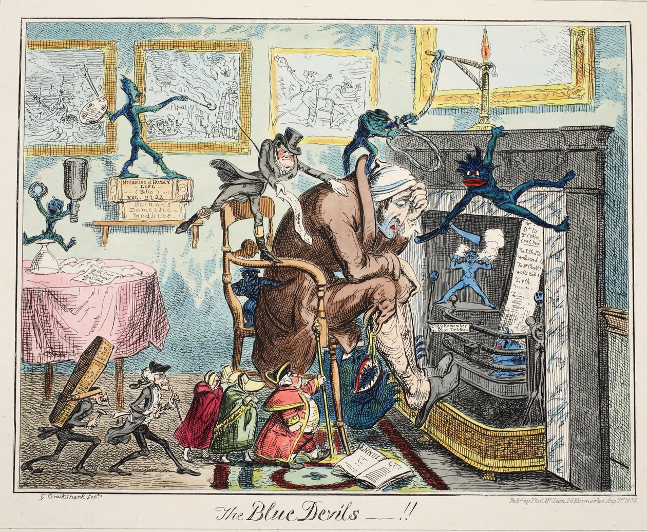 ブルーデビルズ、パブ。 1835年（手描きの彫刻） 作： ジョージ・クルクシャンク