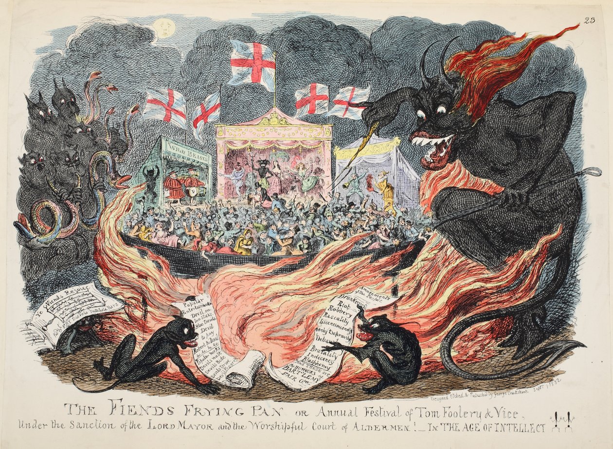 悪魔のフライパンまたはトム・フーラリー＆バイスの年次フェスティバル、パブ。 1832（手描きの彫刻） 作： ジョージ・クルクシャンク