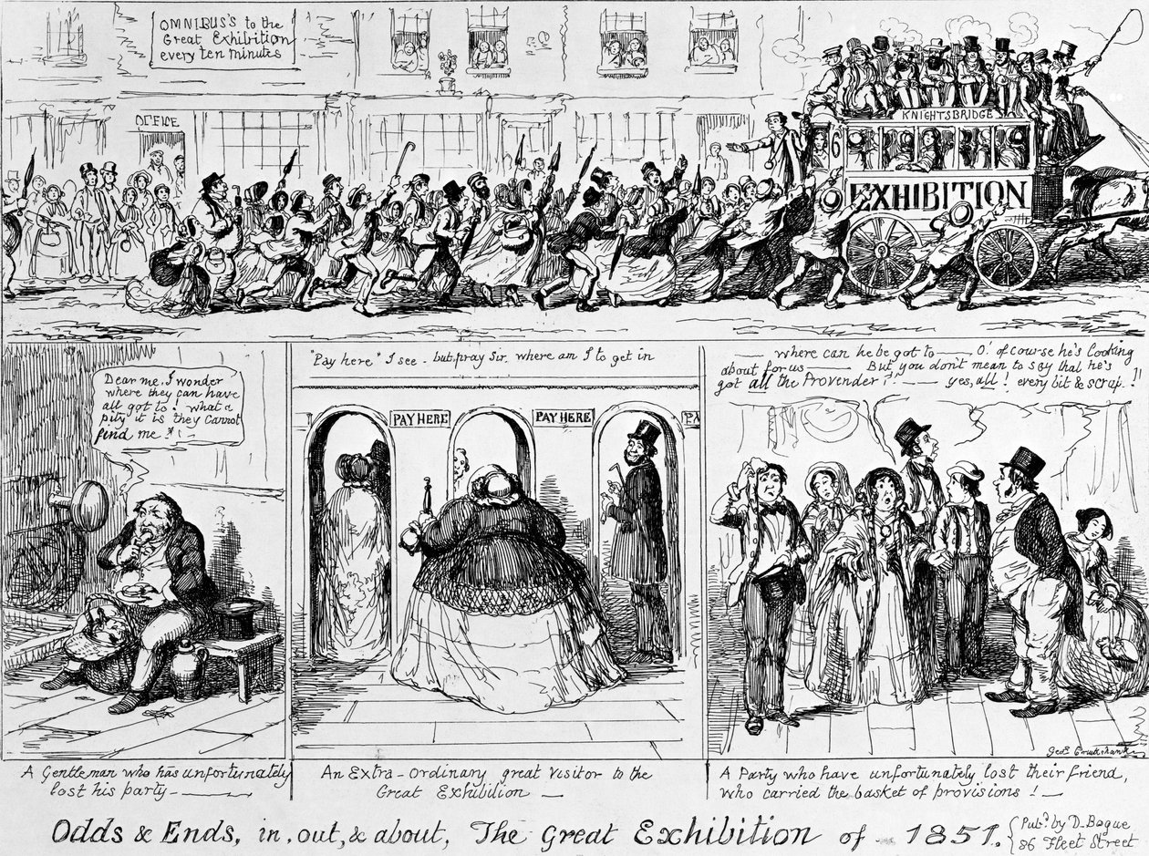 1851年にロンドンのハイドパークで開催された万国博覧会。 作： ジョージ・クルクシャンク