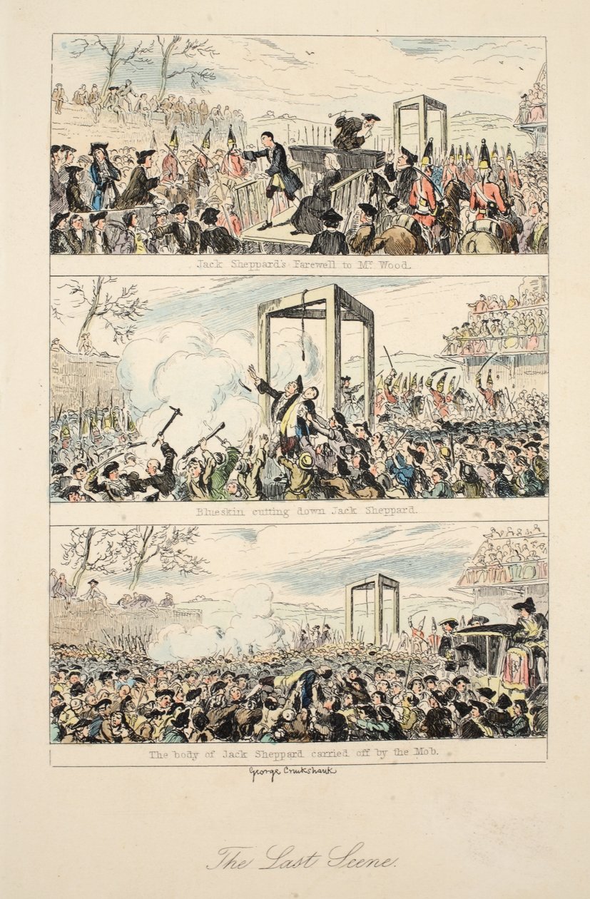 最後のシーン、ウィリアム・ハリソン・エインズワースによる「ジャック・シェパード：ロマンス」のイラスト、1839年発行（手描きのエッチング） 作： ジョージ・クルクシャンク