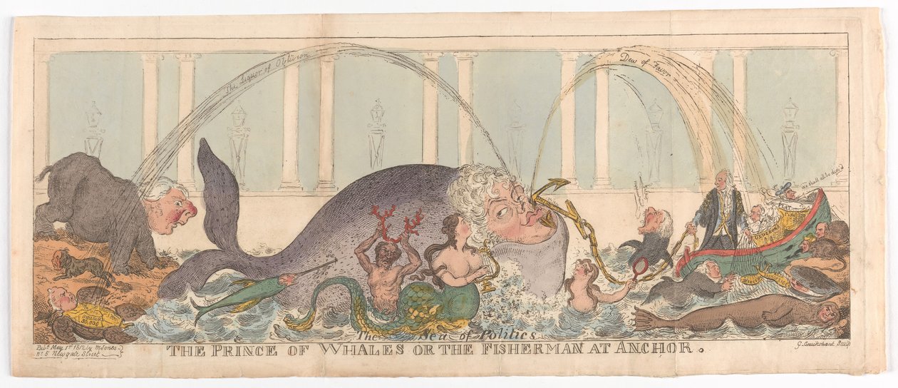 1812 年 5 月 1 日、アンカーでのクジラの王子または漁師。 作： ジョージ・クルクシャンク