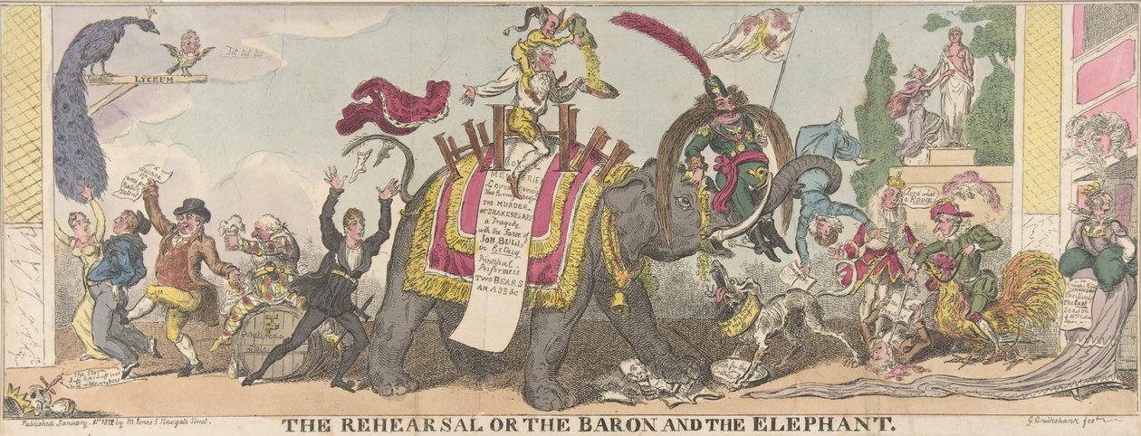リハーサルまたは男爵と象、1812 年 1 月 1 日、1812 年 1 月 1 日。 作： ジョージ・クルクシャンク
