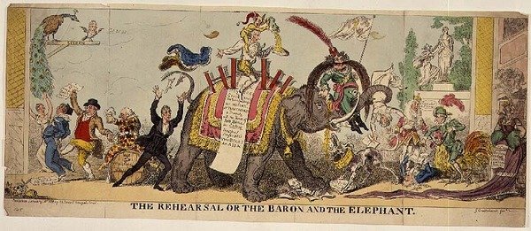 The Rehearsal or the Baron and the Elephant（リハーサル、あるいは男爵と象）」は、コヴェント・ガーデン劇場でケンブルが動物を使って凝った演出をしていたことを風刺した版画です。 作： ジョージ・クルクシャンク