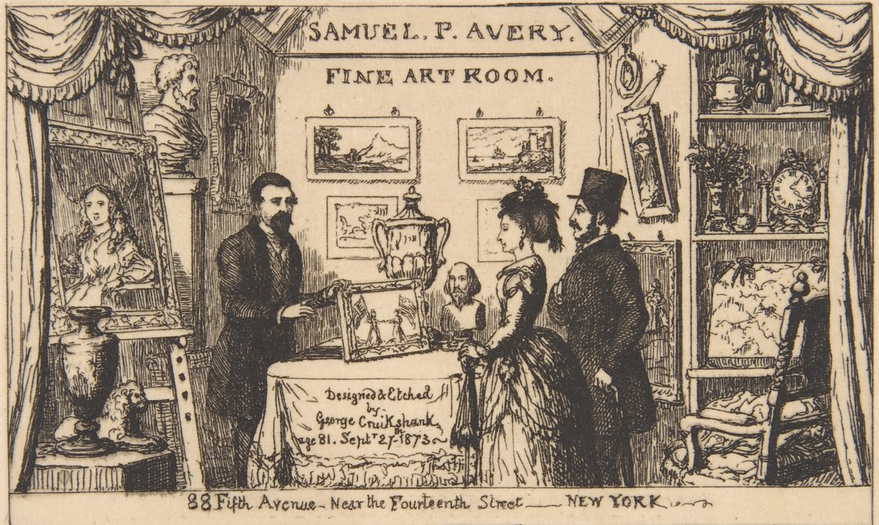 サミュエル・P・エイブリーのトレードカード -- 美術室、1873年、1873年。 作： ジョージ・クルクシャンク