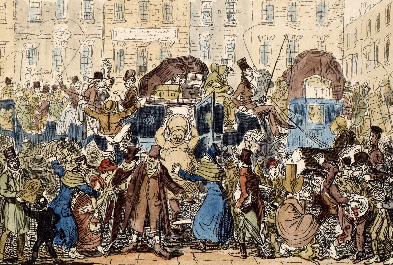 イギリス旅行、またはホワイトホースセラーのぞき見、1819年（手描きのエッチング） 作： ジョージ・クルクシャンク