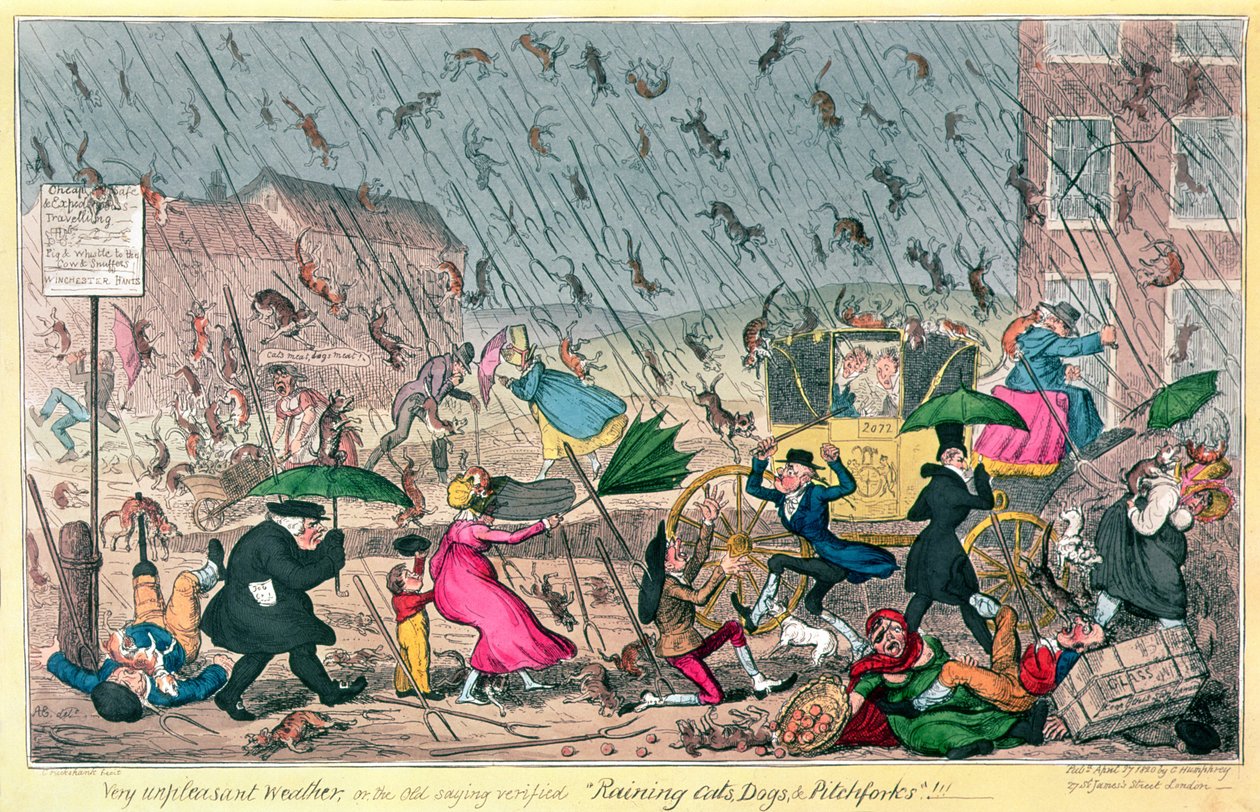 非常に不快な天候、または昔のことを確認したRaining Cats、Dogs and Pitchforks !, pub G.ハンフリー、1820年 作： ジョージ・クルクシャンク