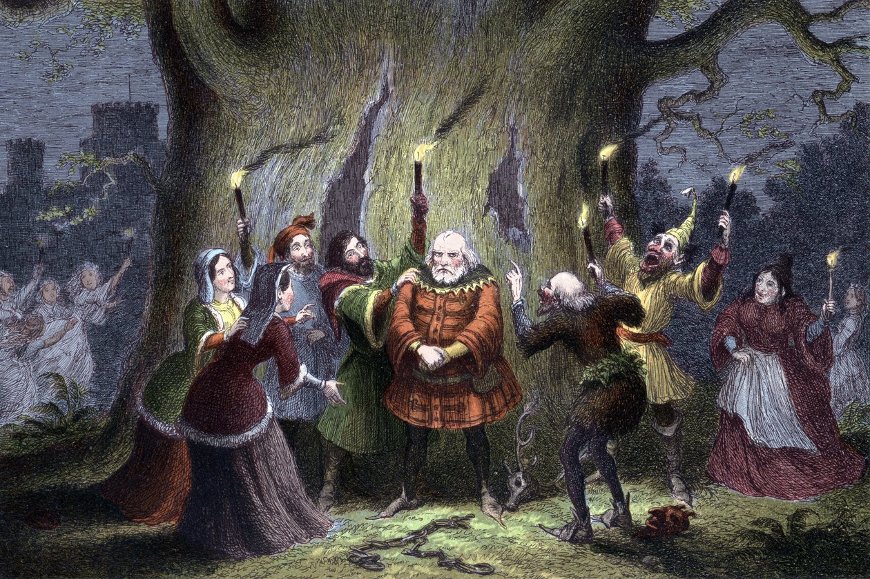 Die lustigen Weiber von Windsor, Theaterstück von William Shakespeare, erstmals aufgeführt 1597 oder 1600. Falstaff, der seine vermeintliche Verabredung im Windsor Forest mit Mistress Ford als Herne der Jäger eingehalten hat und von 